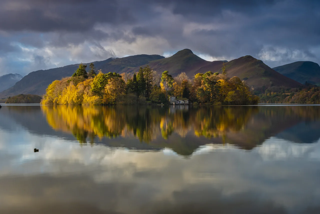 Autumn reflections on Derwentwater in the Lake District