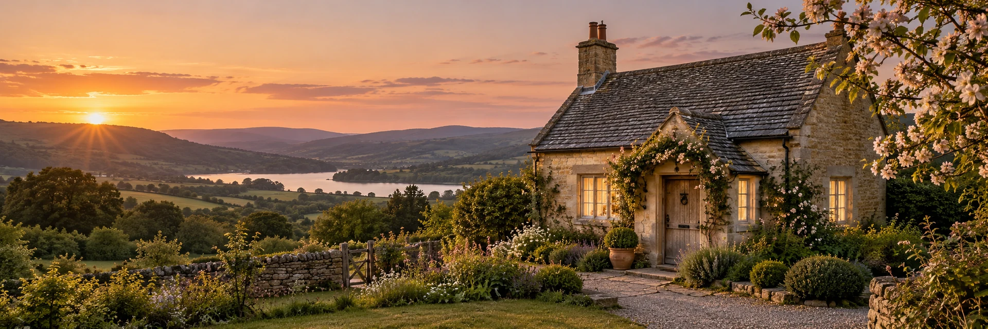 A cosy stone cottage with glowing windows and climbing roses overlooking countryside at sunset